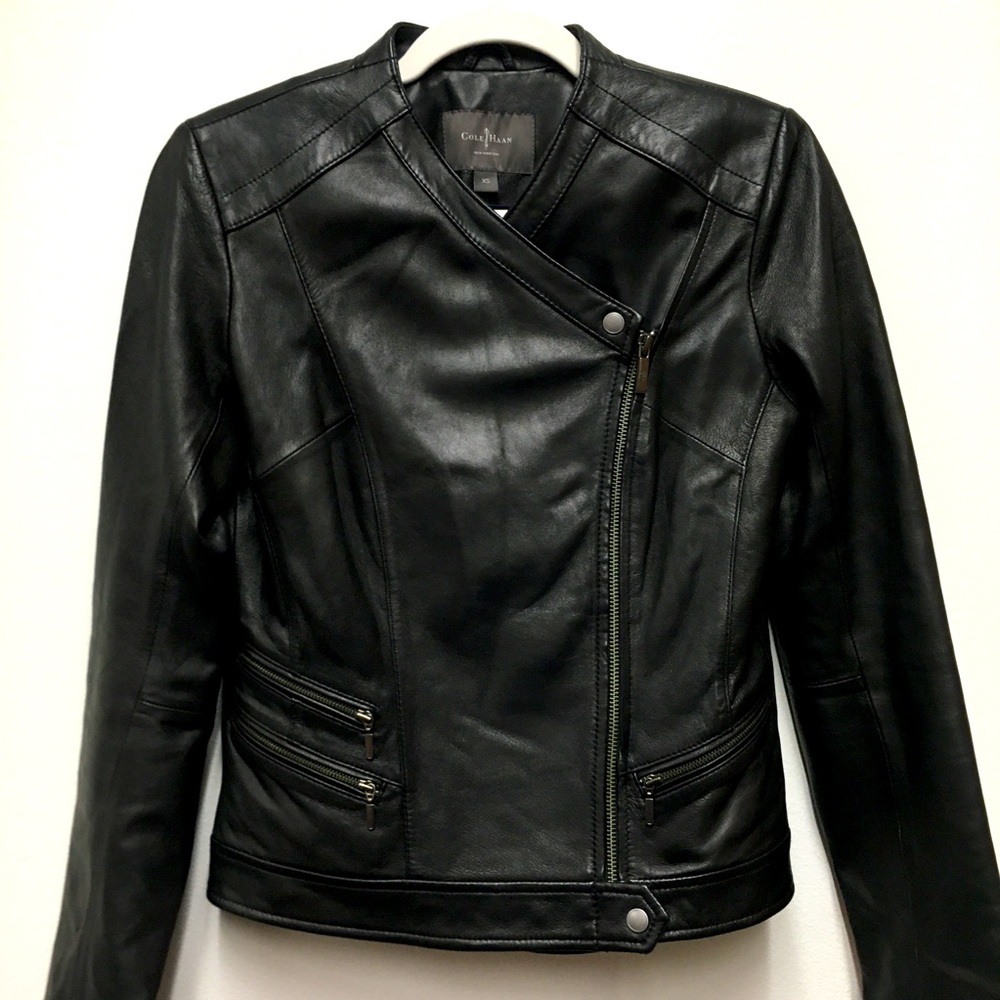 Cole Haan Lambskin Leather Jacket XS Black Biker Edgy Moto Gothic